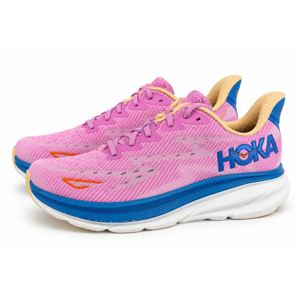 Hoka Clifton 9 Pink Blue Yellow Running Shoes Womens 9.5B